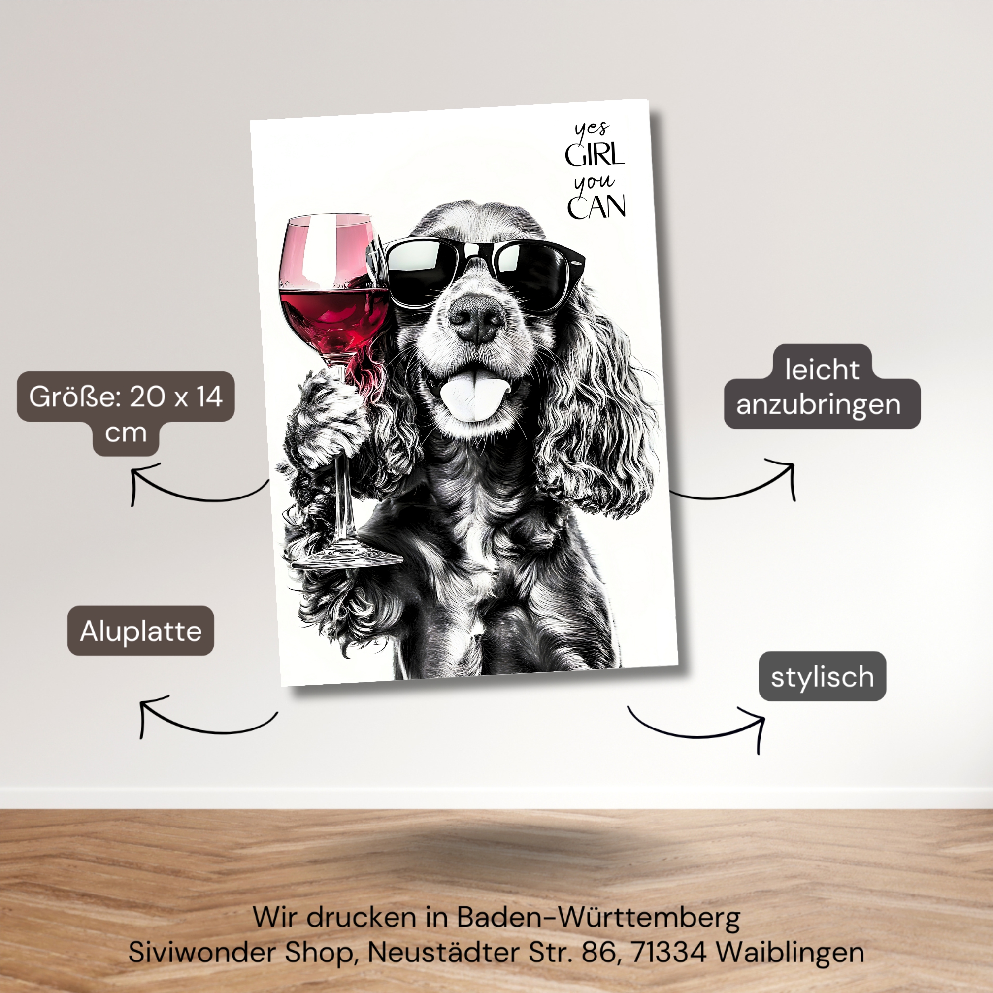 Schild Hund Cocker Spaniel Artprint Wein Spruch Deko Wanddekor Geschenkidee Weinliebhaber Quotes