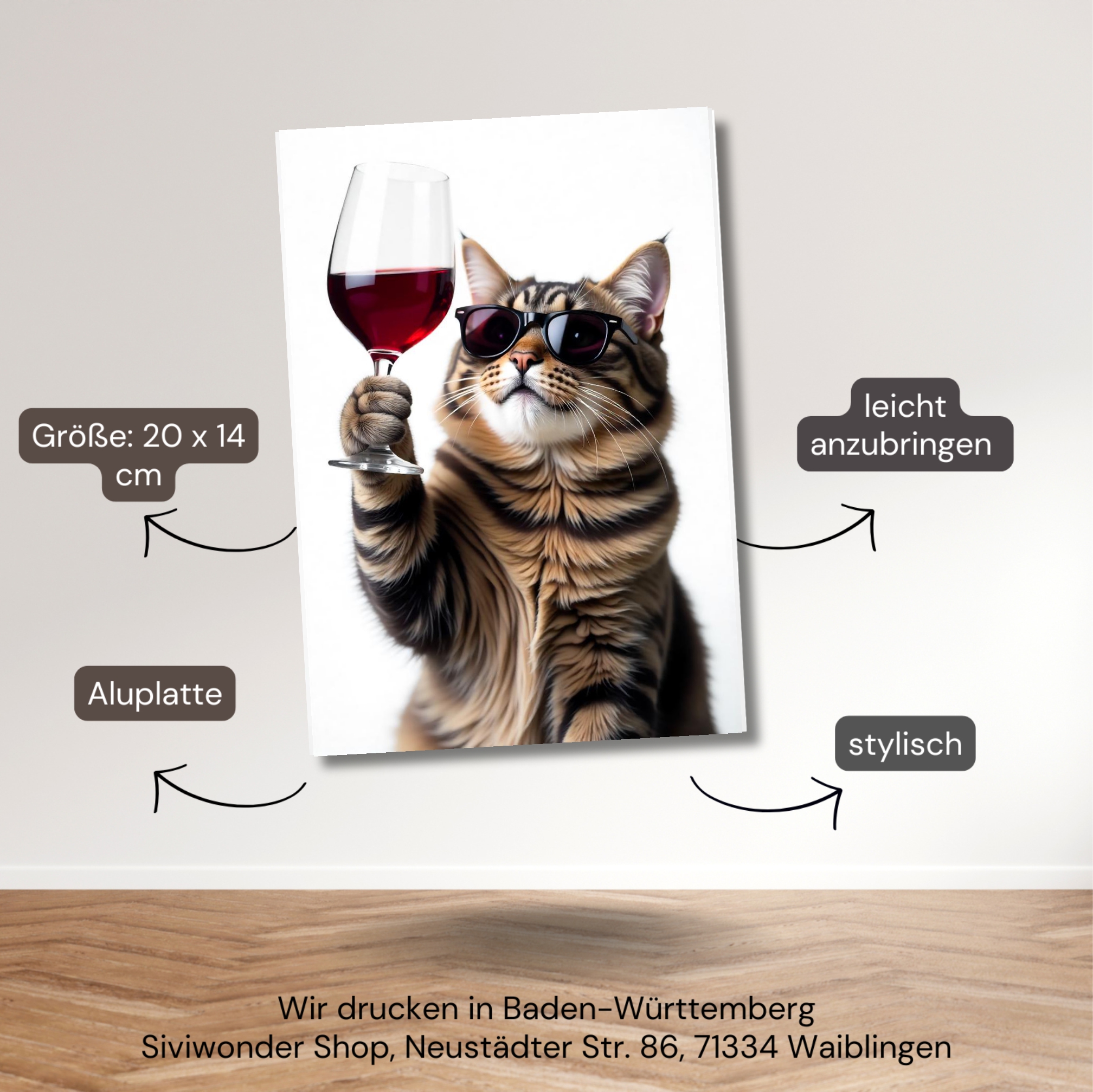 Schild Katze Artprint Wein Spruch Deko Wanddekor Geschenkidee Quotes Weinliebhaber Küche