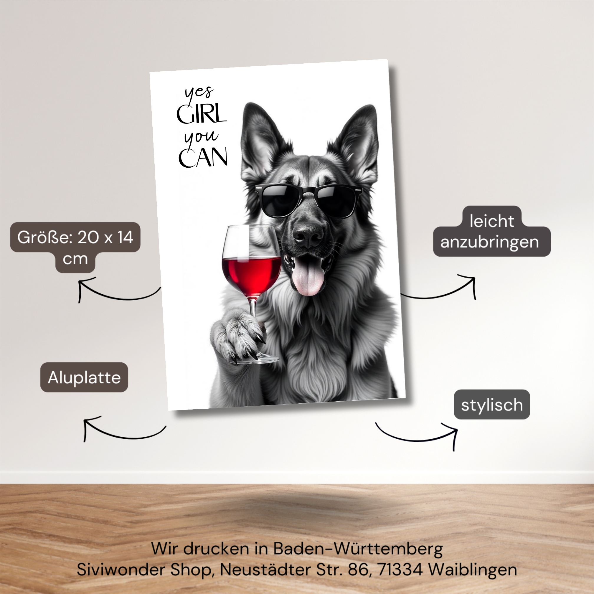 Schild Hund Schäferhund Artprint Wein Spruch Deko Wanddekor Geschenkidee Weinliebhaber Quotes