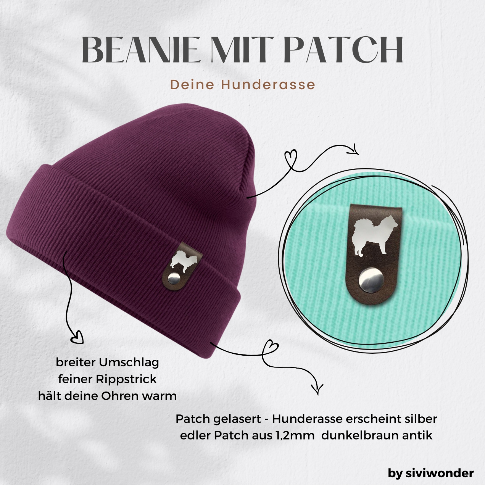 Eurasier Mütze Patch Leder Gassi Beanie Strickmütze Warm Herren  Damen Wolfsspitz Spitz