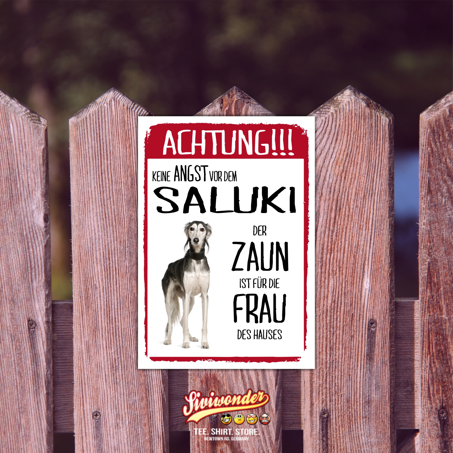 Saluki Dog Schild Achtung Zaun Frau Spruch Türschild Hundeschild Warnschild Fun