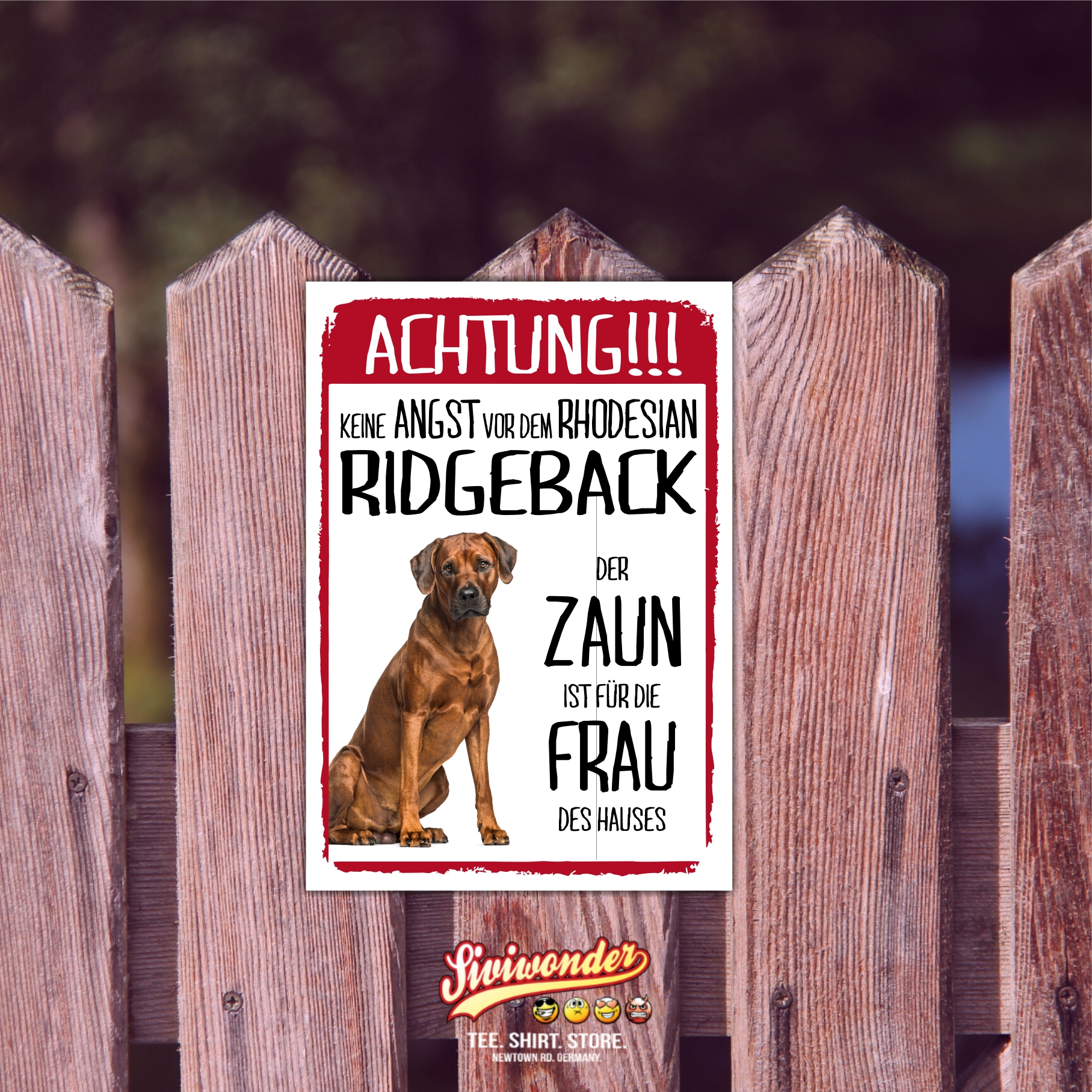 Rhodesian Ridgeback Dog Schild Achtung Zaun Frau Spruch Türschild Hundeschild Warnschild Fun