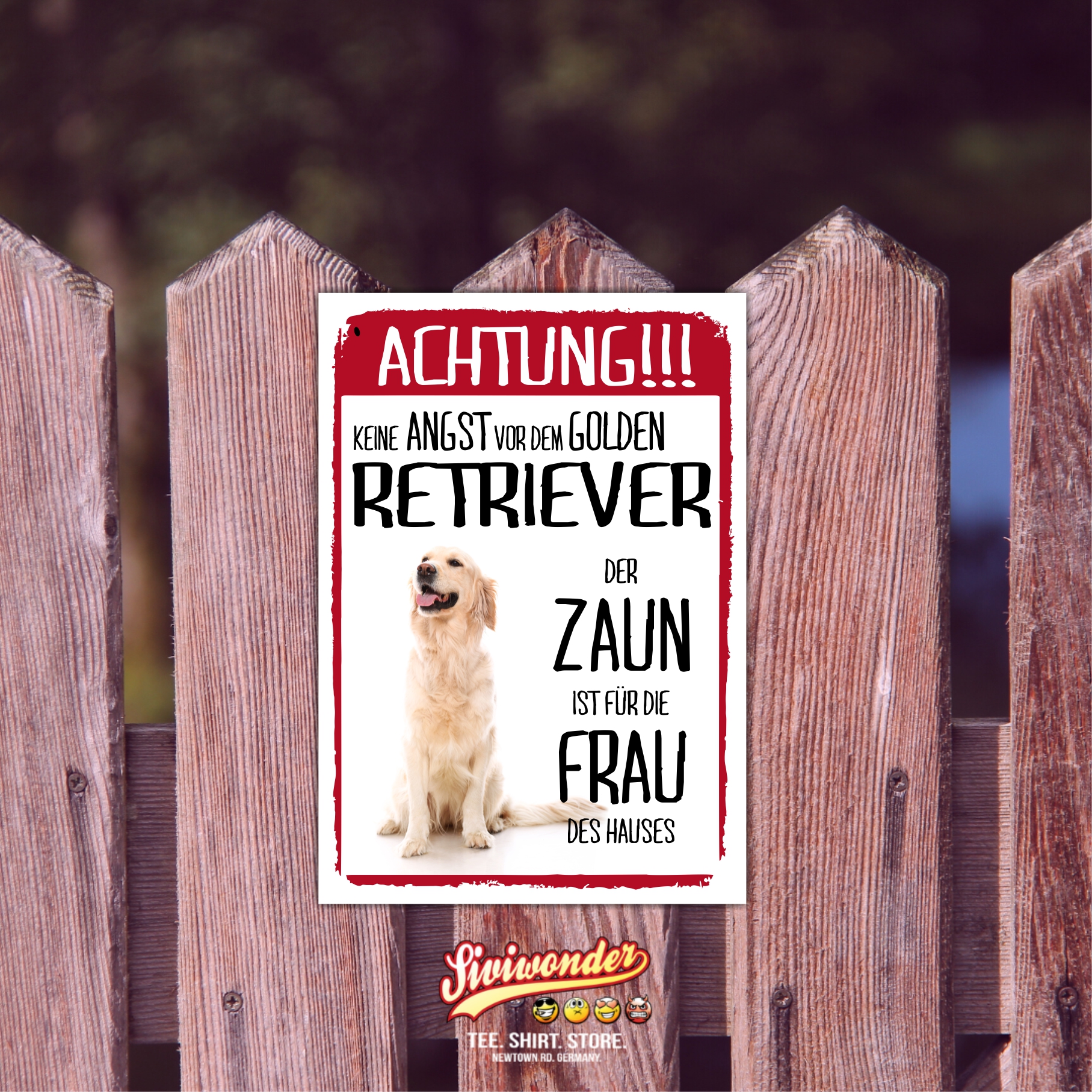 Golden Retriever Dog Schild Achtung Zaun Frau Spruch Türschild Hundeschild Warnschild Fun