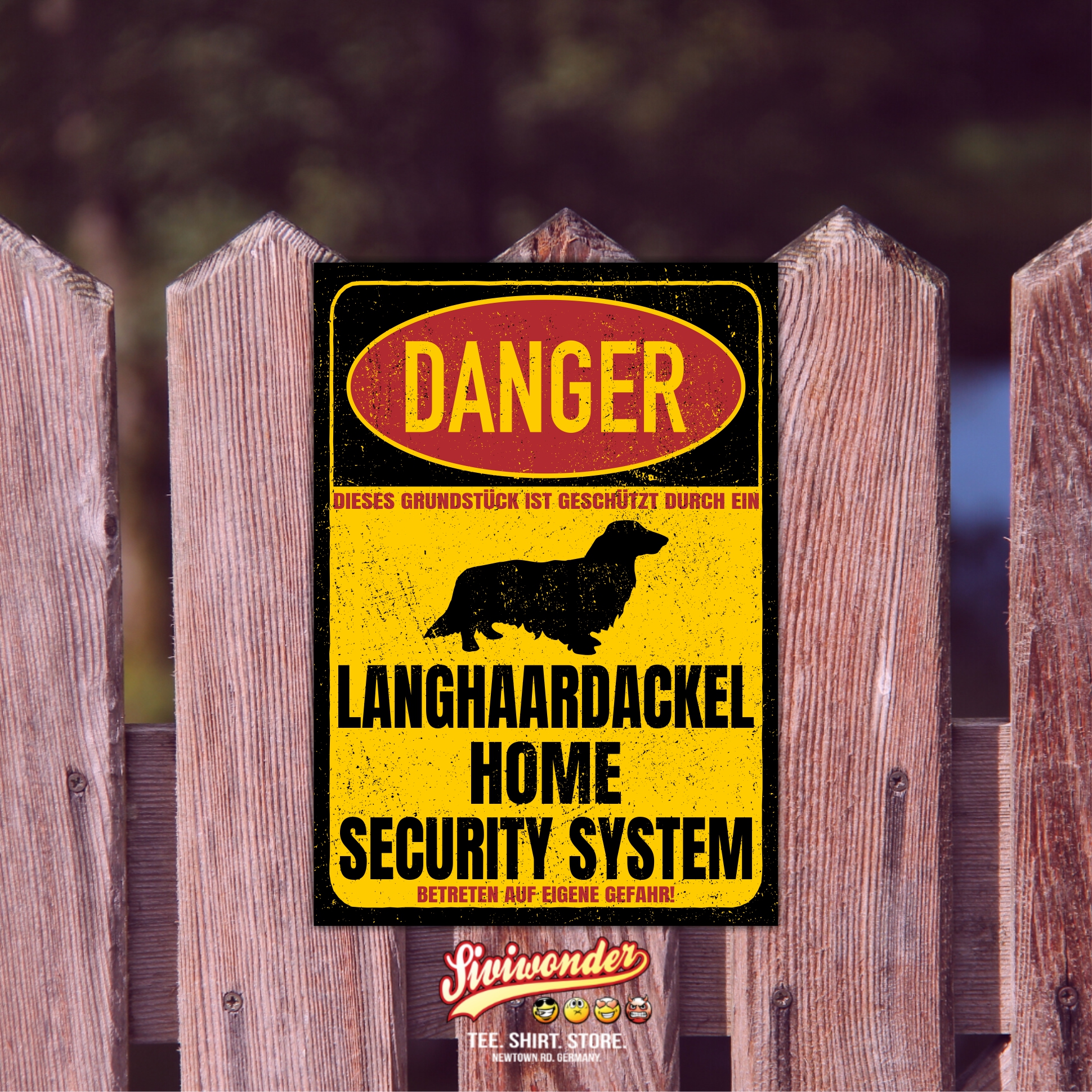 Langhaardackel Dackel Teckel Dachshund Langhaar Dog Türschild Danger Security System Warnschild Hund Schilder Hundeschild