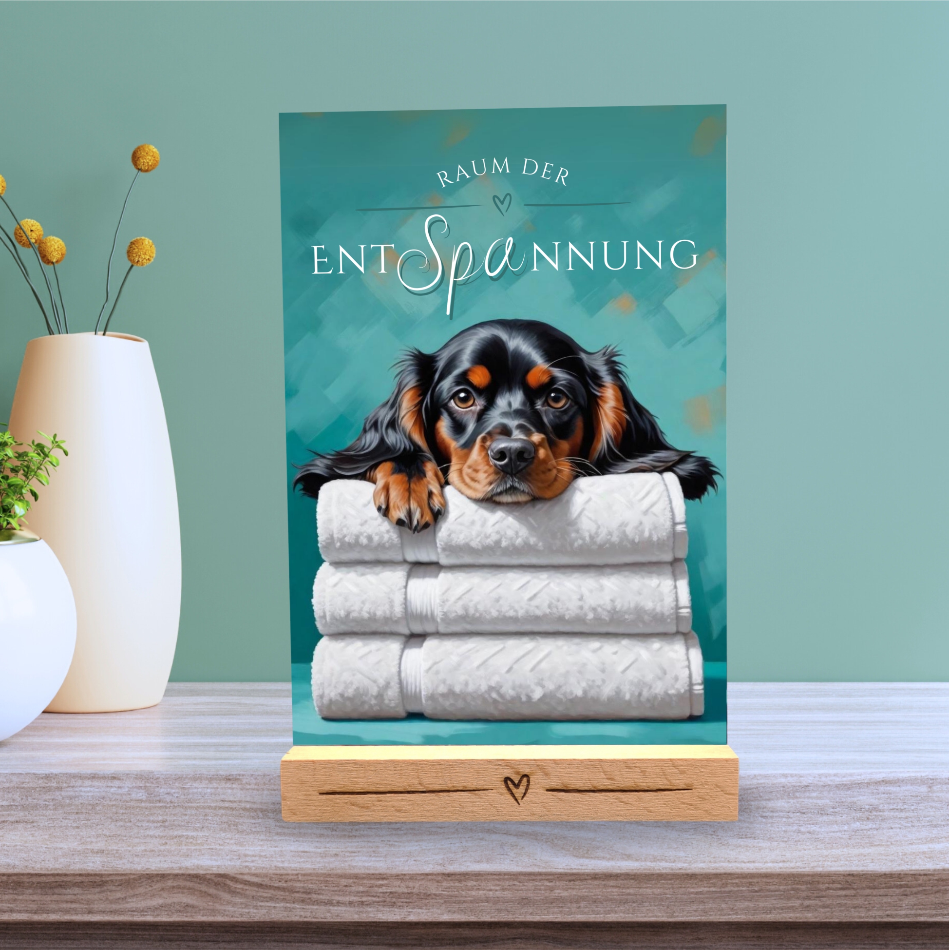 Hundeschild Cocker Spaniel No.2 Entspannung Dog Schild Deko Badezimmer Holzständer tan