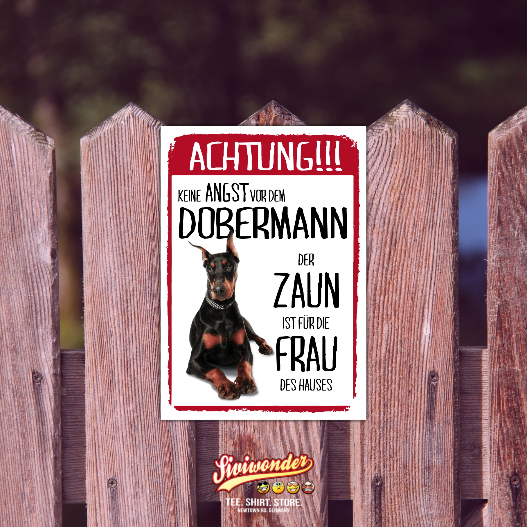 Dobermann Dog Schild Achtung Zaun Frau Spruch Türschild Hundeschild Warnschild Fun