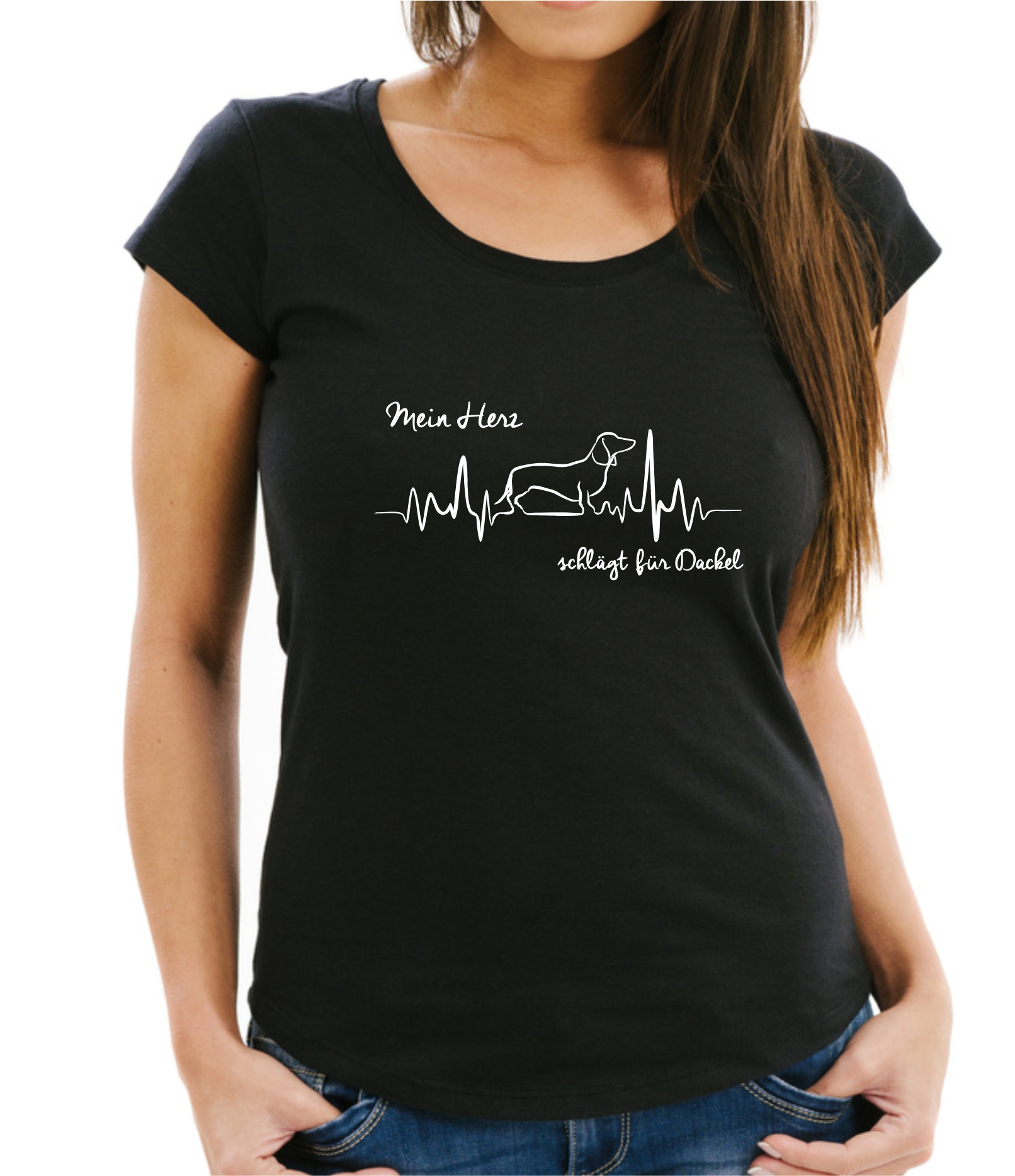 DACKEL DAMEN T-SHIRT HEARTBEAT EKG  Hund Hundemotiv Herz Herzschlag Teckel