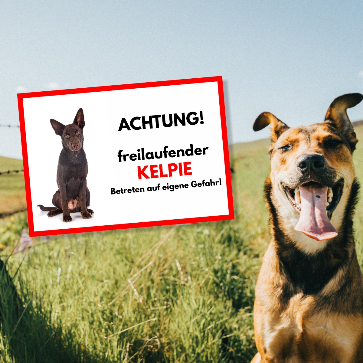 Kelpie Freilaufender Hund Dog Schild Spruch Türschild Hundeschild Warnschild