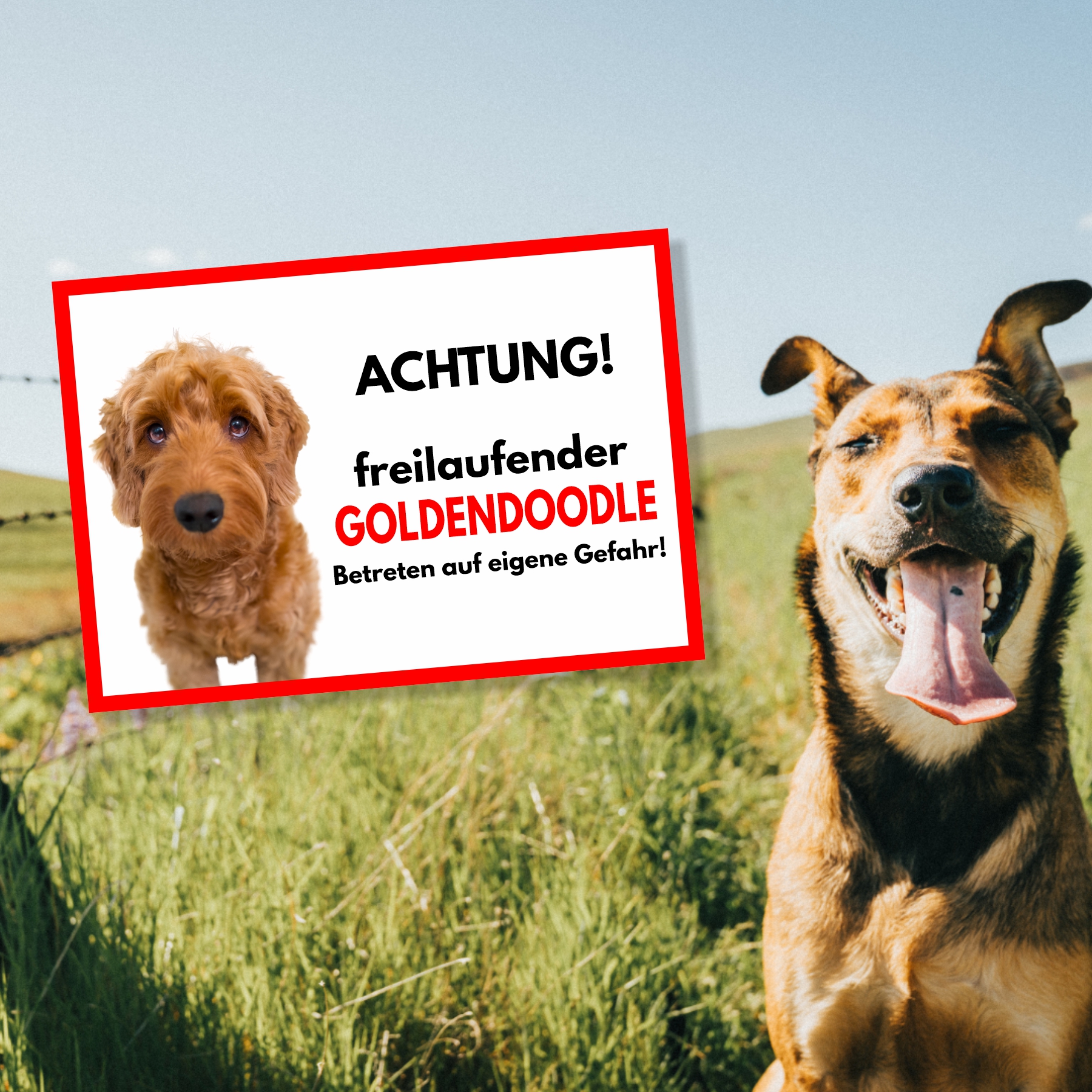 Goldendoodle Freilaufender Hund Dog Schild Spruch Türschild Hundeschild Warnschild