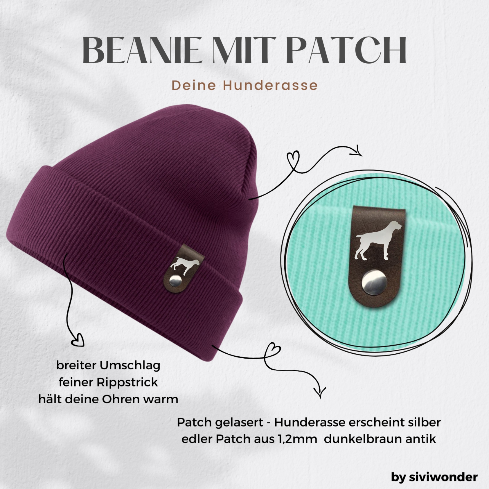 Dobermann Dobi Mütze Patch Leder Gassi Beanie Strickmütze Warm Herren Damen unkupiert