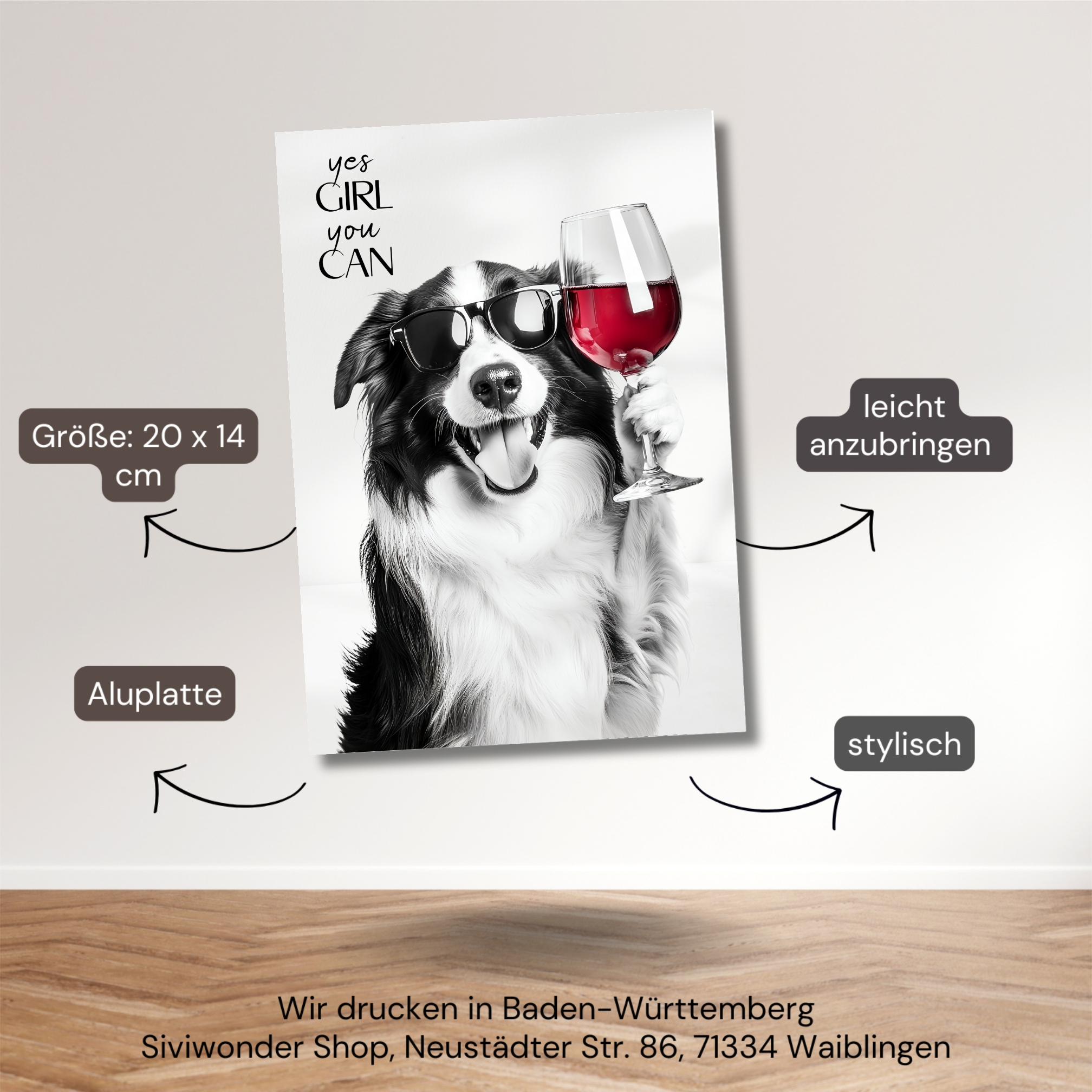 Schild Hund Border Collie Artprint Wein Spruch Deko Wanddekor Geschenkidee Weinliebhaber Quotes