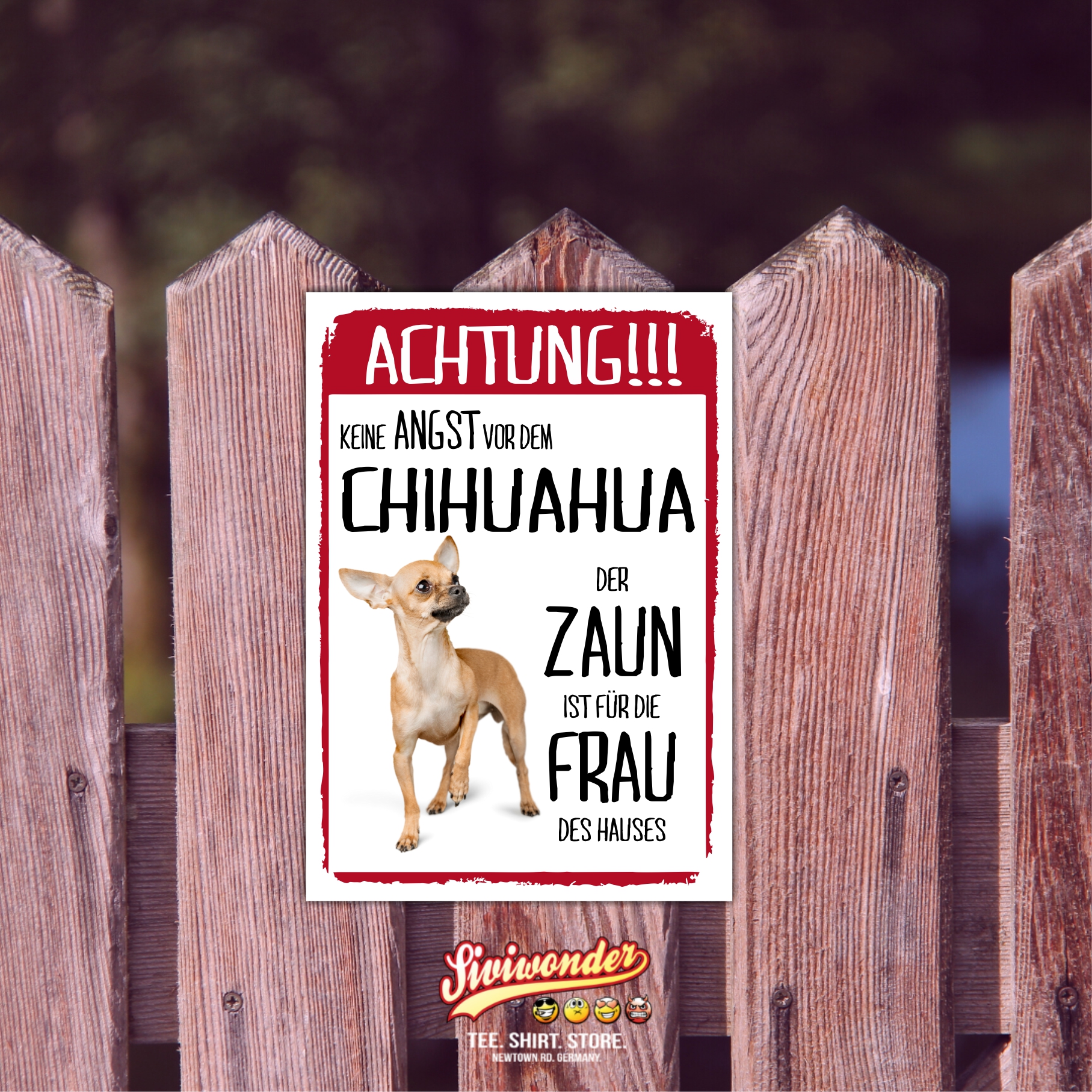 Chihuahua Kurzhaar Dog Schild Achtung Zaun Frau Spruch Türschild Hundeschild Warnschild Fun