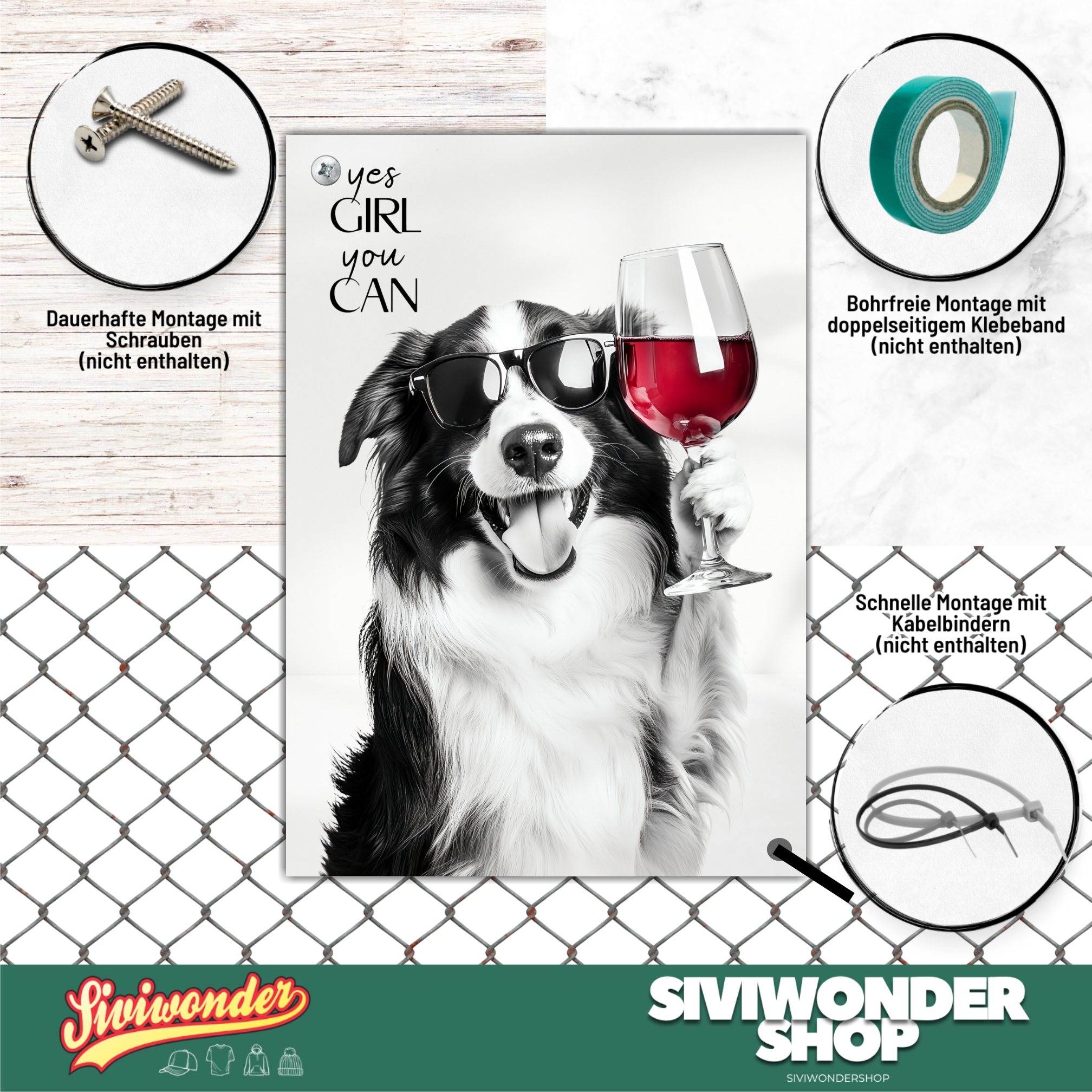 Schild Hund Border Collie Artprint Wein Spruch Deko Wanddekor Geschenkidee Weinliebhaber Quotes