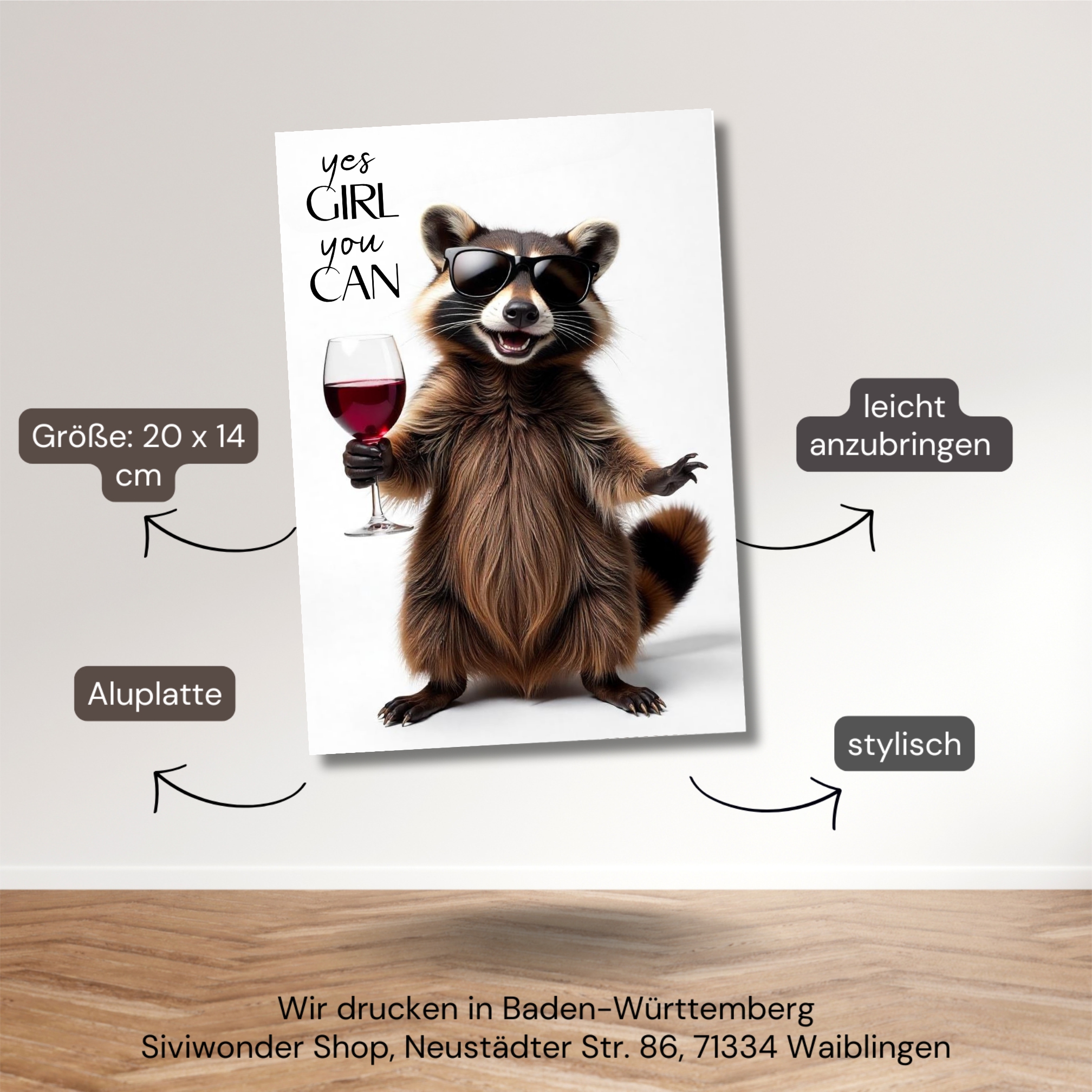 Schild Waschbär Artprint Wein Spruch Deko Wanddekor Geschenkidee Quotes Weinliebhaber Racoon