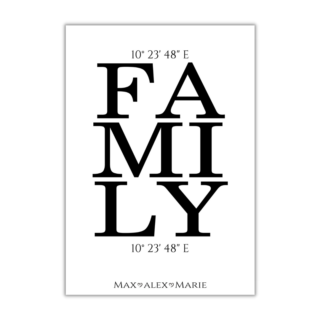Personalisiertes Schild "Family" mit Wunsch Koordinaten & Name Geschenk Dekoration Familie