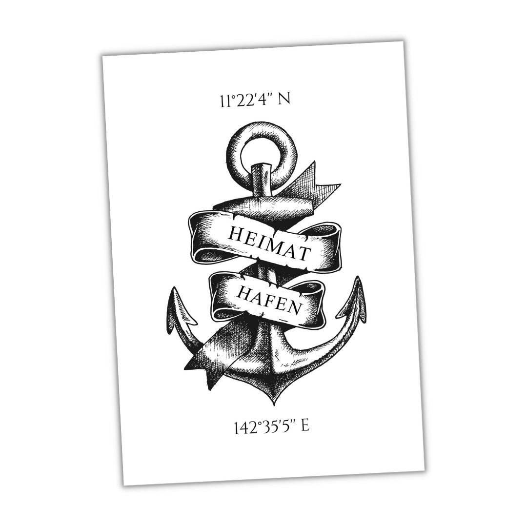 Personalisiertes Schild "HEIMAT HAFEN" mit Wunsch Koordinaten Geschenk Ankerplatz Dekoration