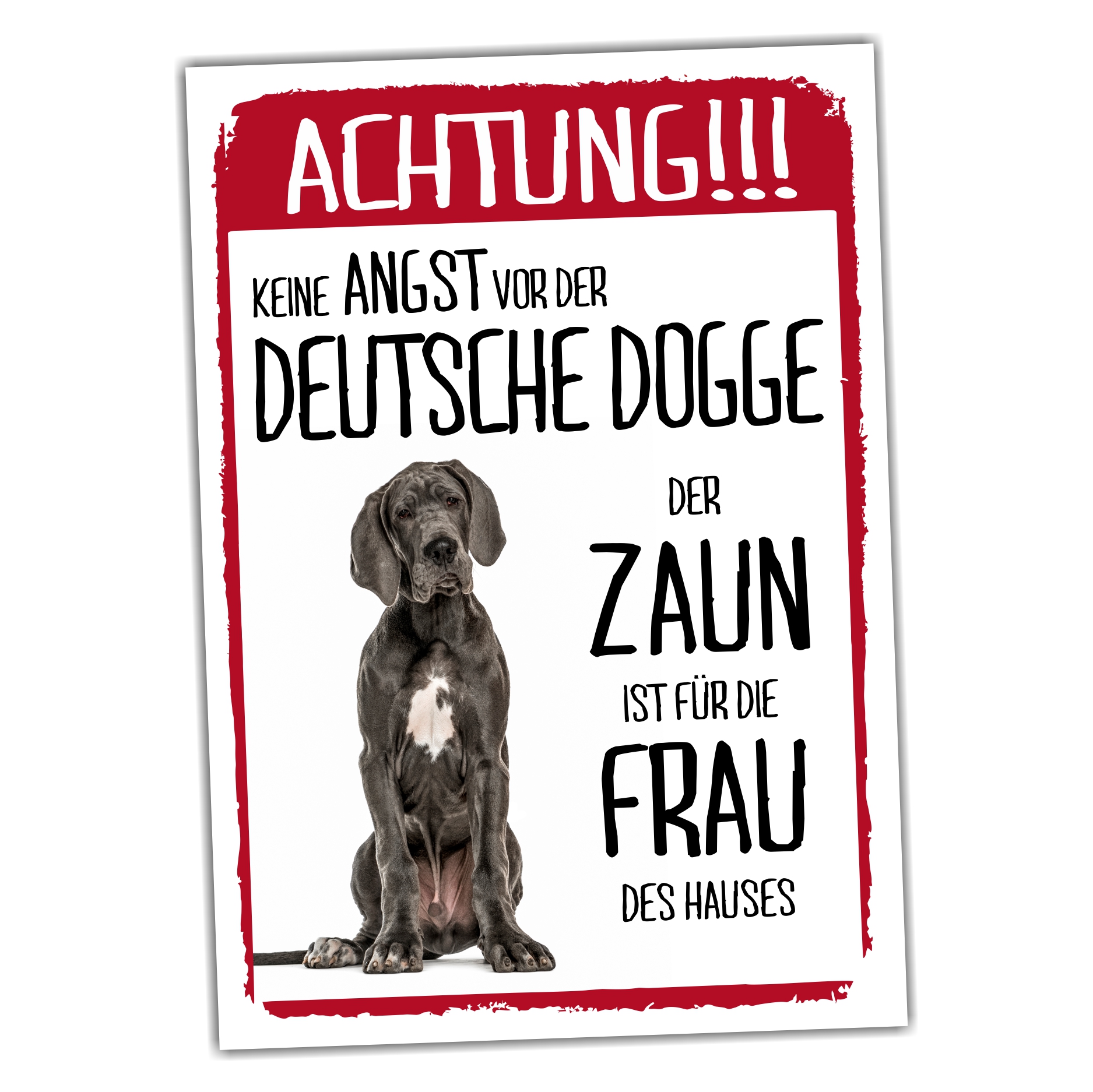 Deutsche Dogge Dog Schild Achtung Zaun Frau Spruch Türschild Hundeschild Warnschild Fun