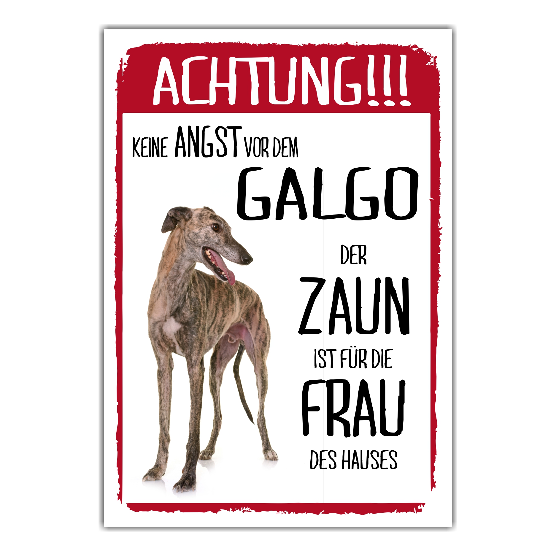 Galgo Dog Schild Achtung Zaun Frau Spruch Türschild Hundeschild Warnschild Fun