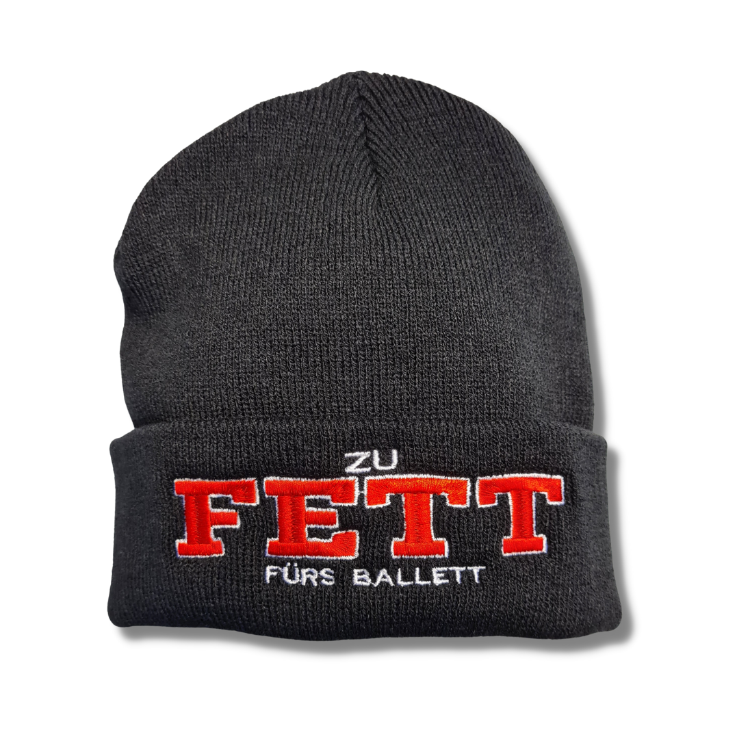Strickmütze "ZU FETT FÜRS BALLET" Beanie Mütze Stickerei Witzig Spruch Warm Winter
