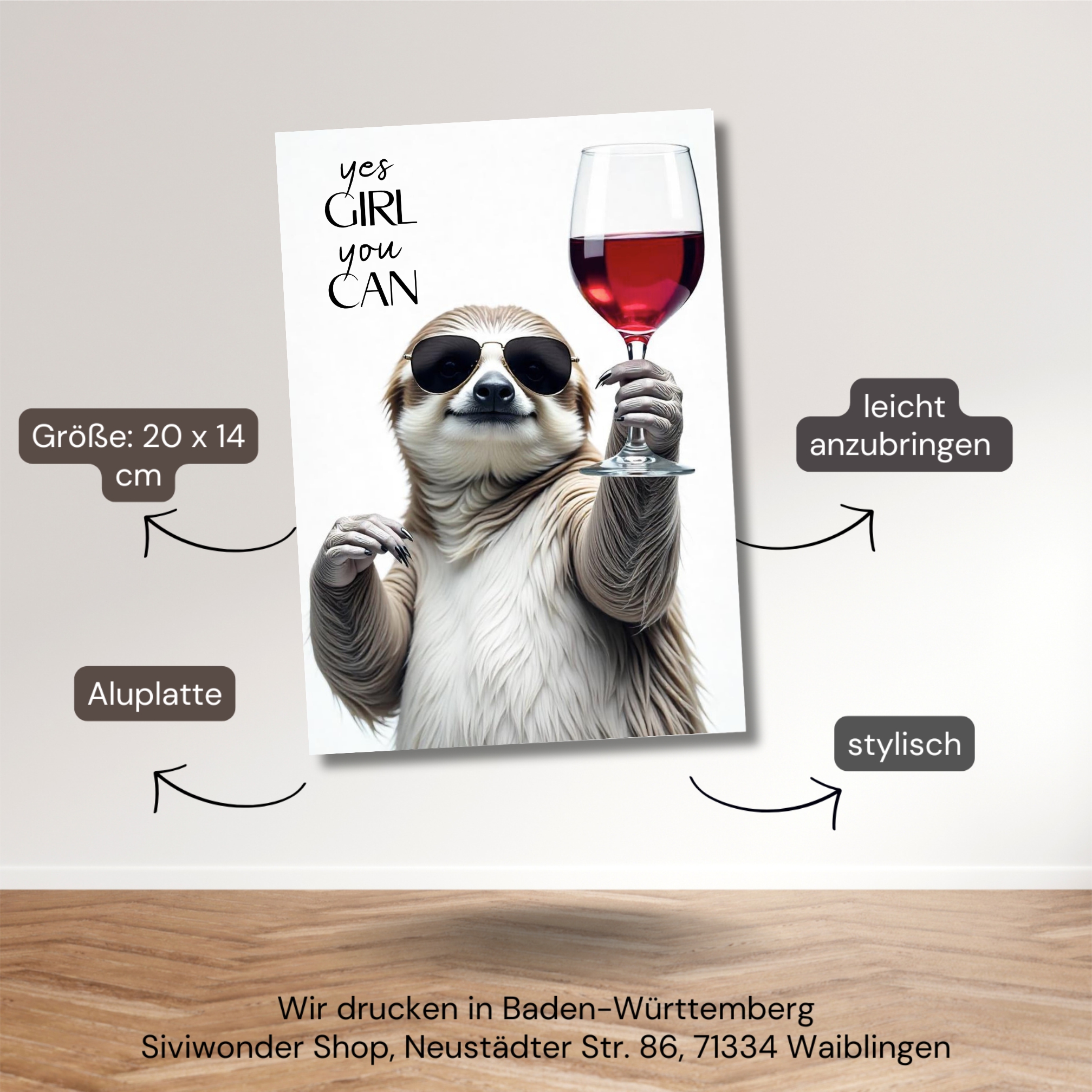 Schild Sloth Artprint Wein Spruch Deko Wanddekor Geschenkidee Quotes Weinliebhaber Faultier