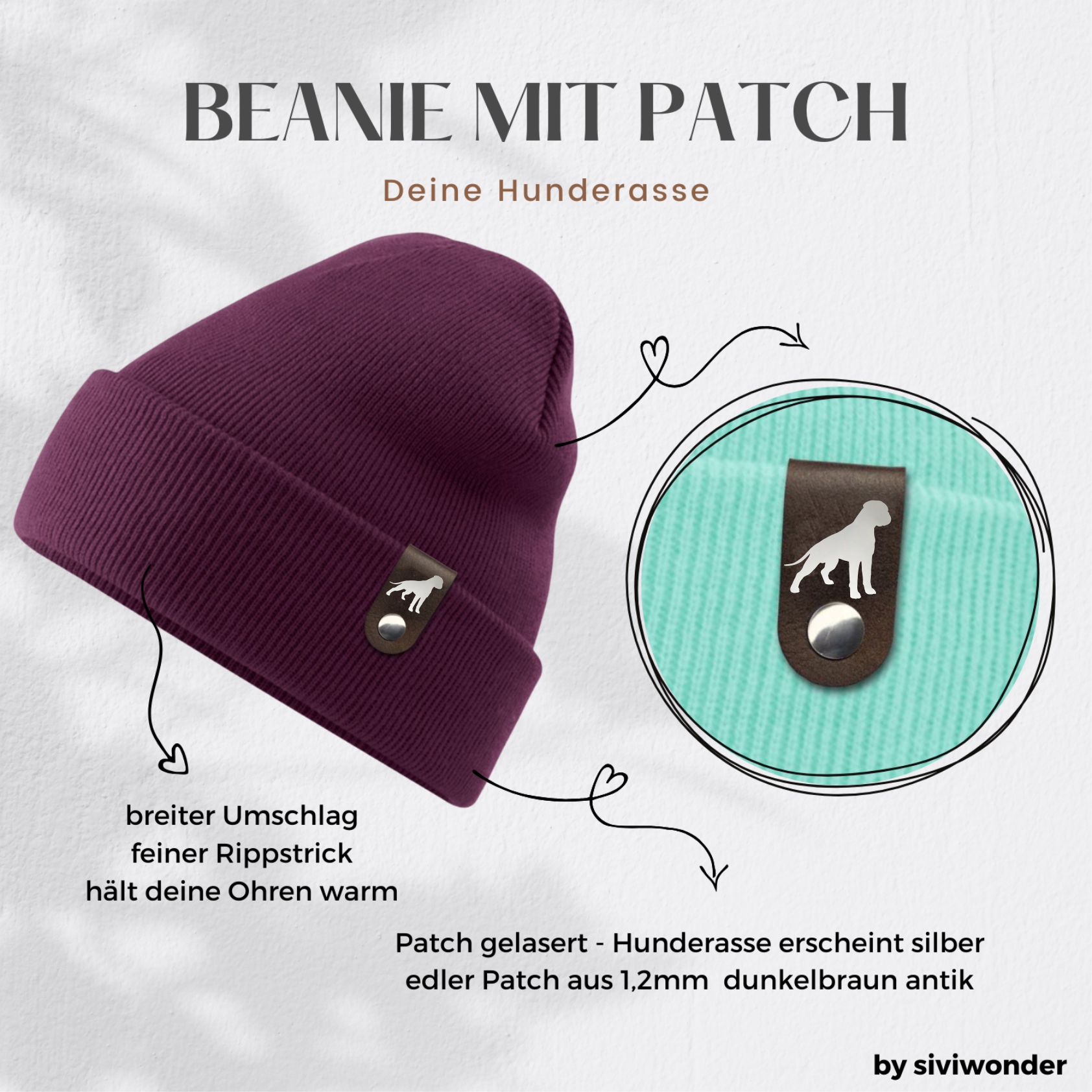 Deutscher Boxer deutsche Mütze Patch Leder Gassi Beanie Strickmütze Warm Herren Damen