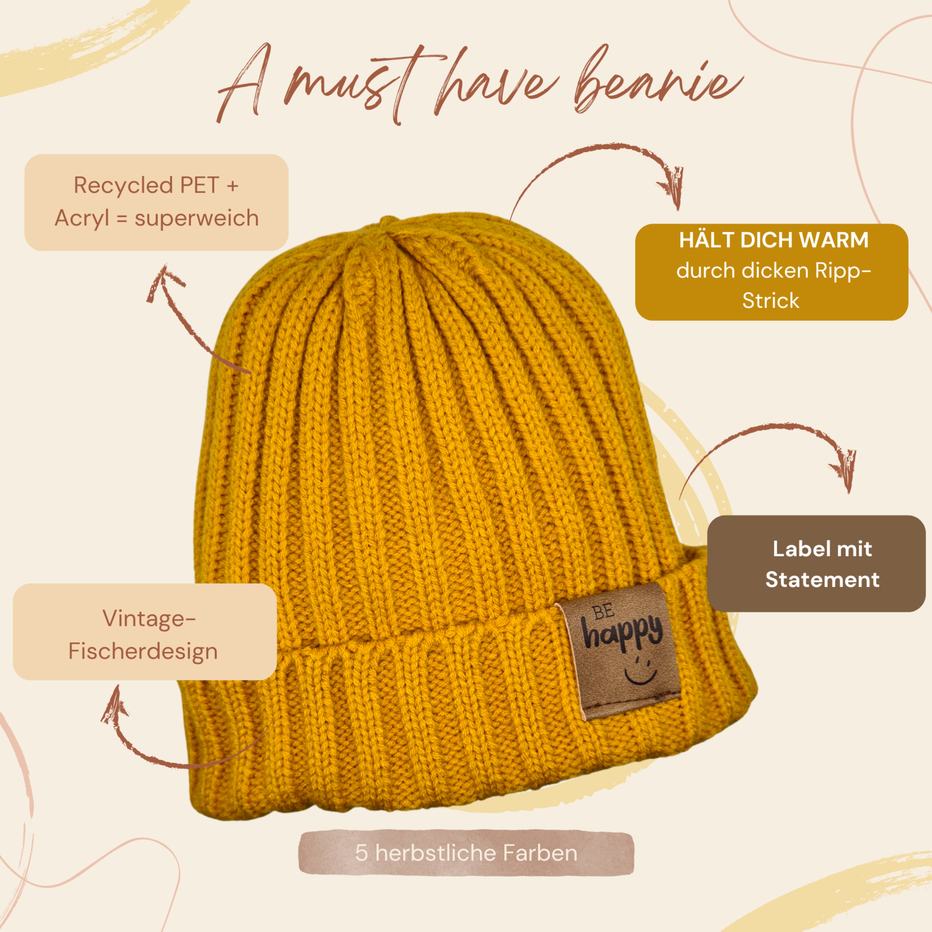 Mütze Bee Happy Beanie Strickmütze Witzig Spruch Warm Herren Damen Herbst half recycled