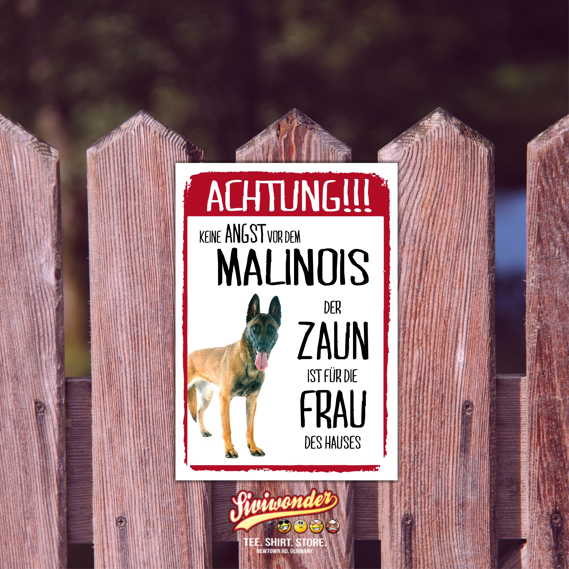 Malinois Dog Schild Achtung Zaun Frau Spruch Türschild Hundeschild Warnschild Fun