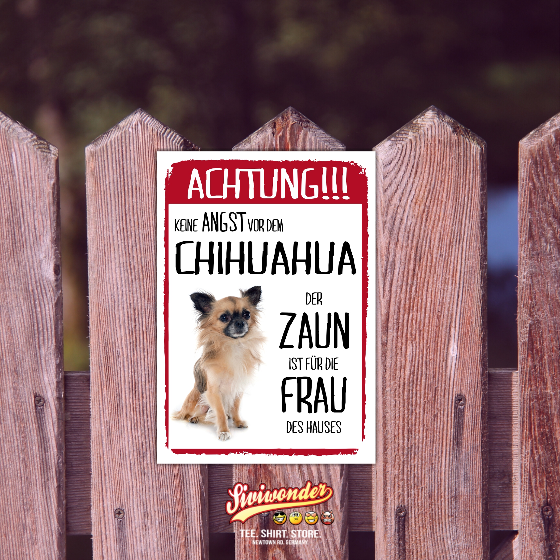 Chihuahua Langhaar Dog Schild Achtung Zaun Frau Spruch Türschild Hundeschild Warnschild Fun