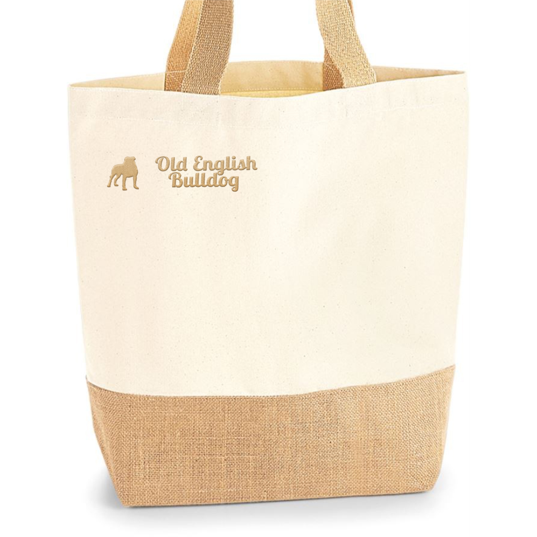 Old English Bulldog Jute Shopper Einkaufstasche Hundemotiv Stickerei